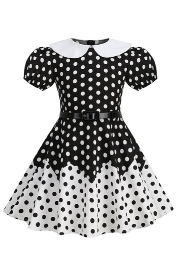 Robe Fille A Ligne Noire à Pois à Manches Bouffantes